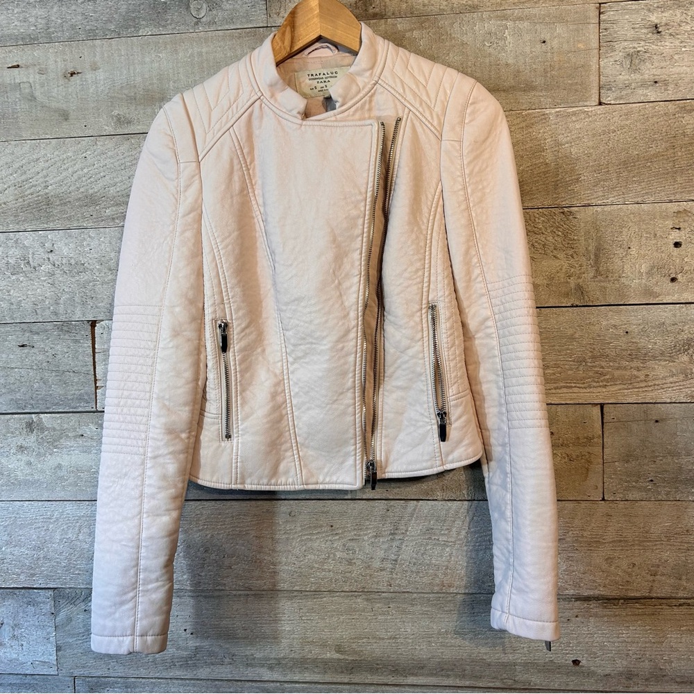 Zara Trafaluc women’s blush pink moto style pleather faux leather jacket size s‎